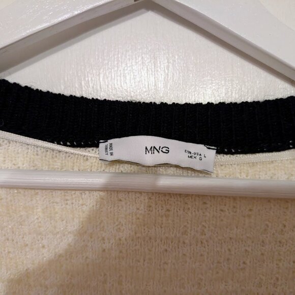 Mango MNG Pocket Tweed Cardigan Sweater Large Off White Black Cotton Blend EUC - Picture 10 of 15